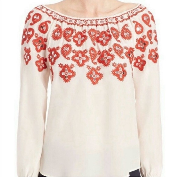 Tory Burch Layla Silk Embroidered Sequin Blouse Cream 6 - Picture 6 of 15